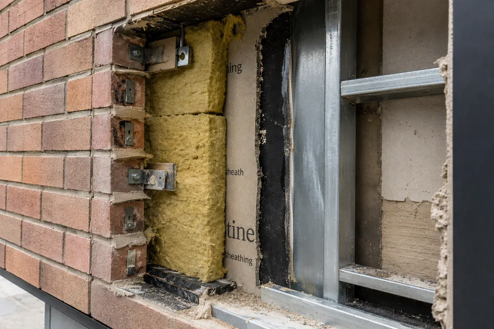 intrusive-facade-investigation-external-wall-build-up Intrusive facade investigation showing exposed external wall build-up, insulation and supporting construction