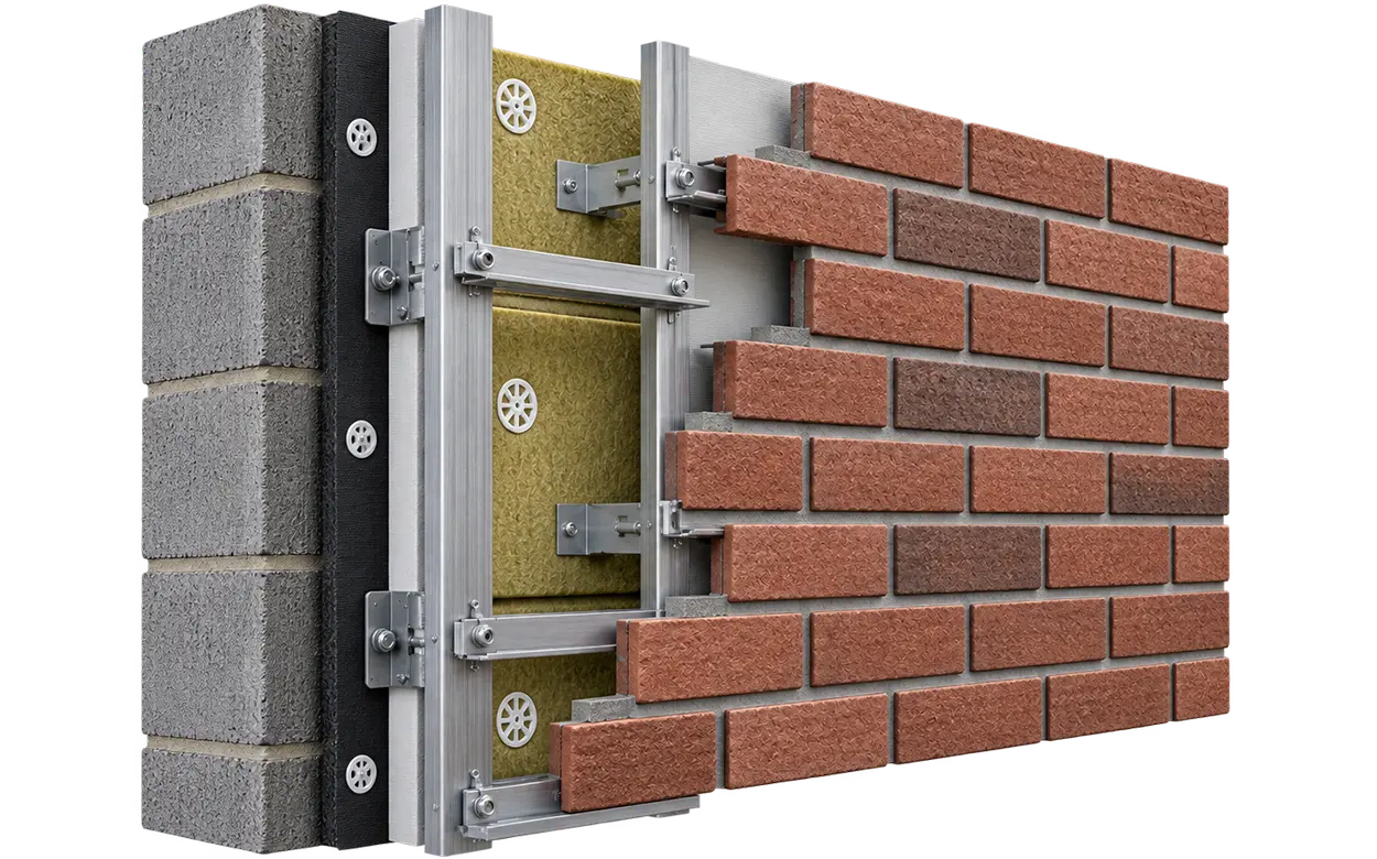 ukr-facades-brick-slip-facade-system-construction-detail Brick slip facade system showing brick slips, support rails, brackets and insulation