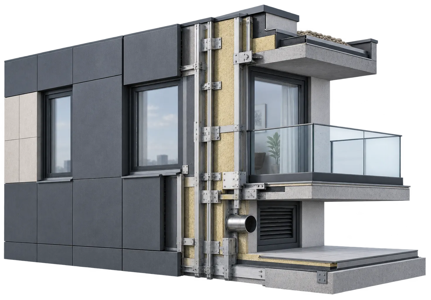 ukr-facades-facade-design-interface-coordination Facade interface coordination showing cladding, glazing, balcony, parapet, penetrations and structural connections