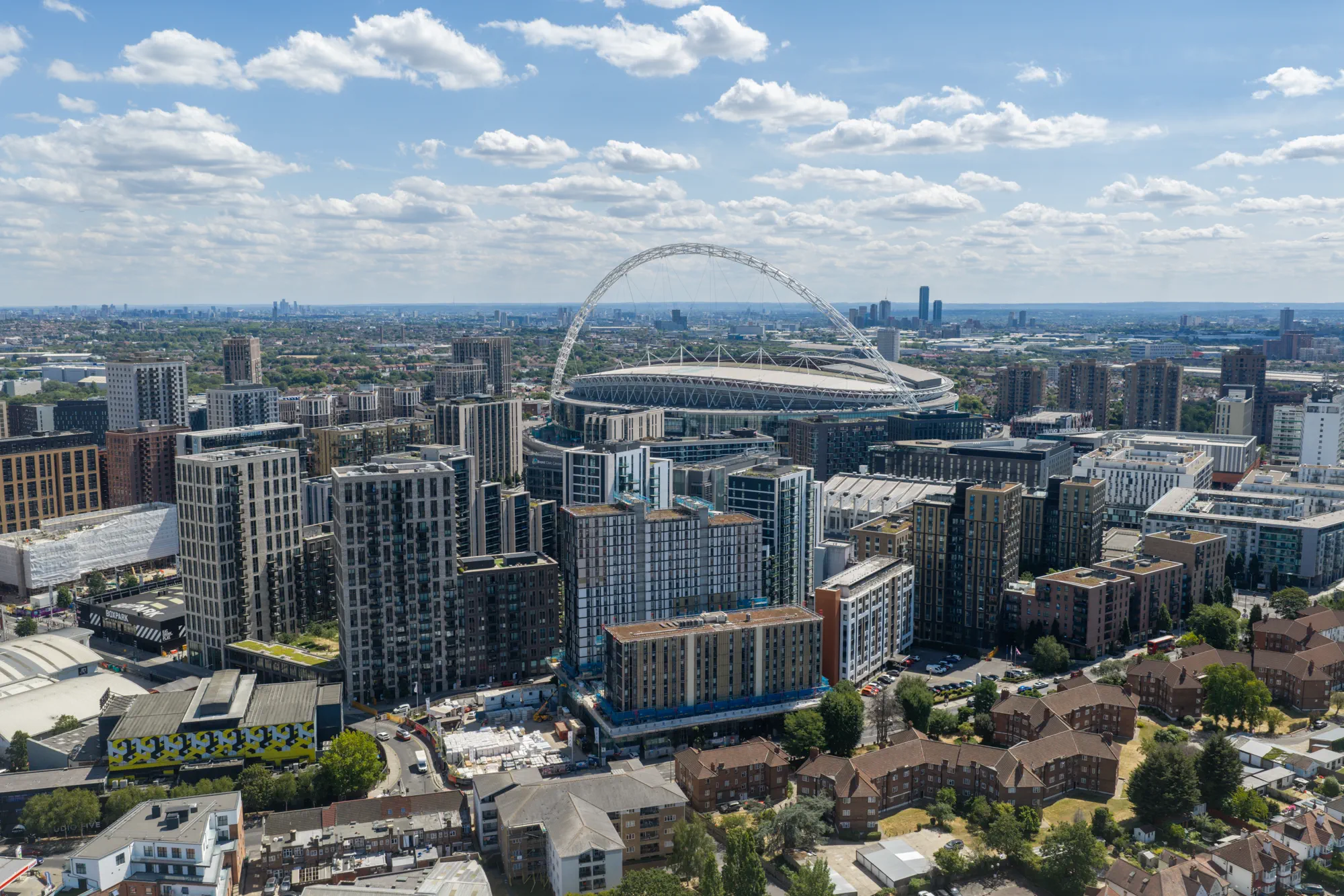 ukr-facades-grand-felda-house-wembley-project-aerial-4 Wide aerial view of Grand Felda House and surrounding multi-storey developments in Wembley