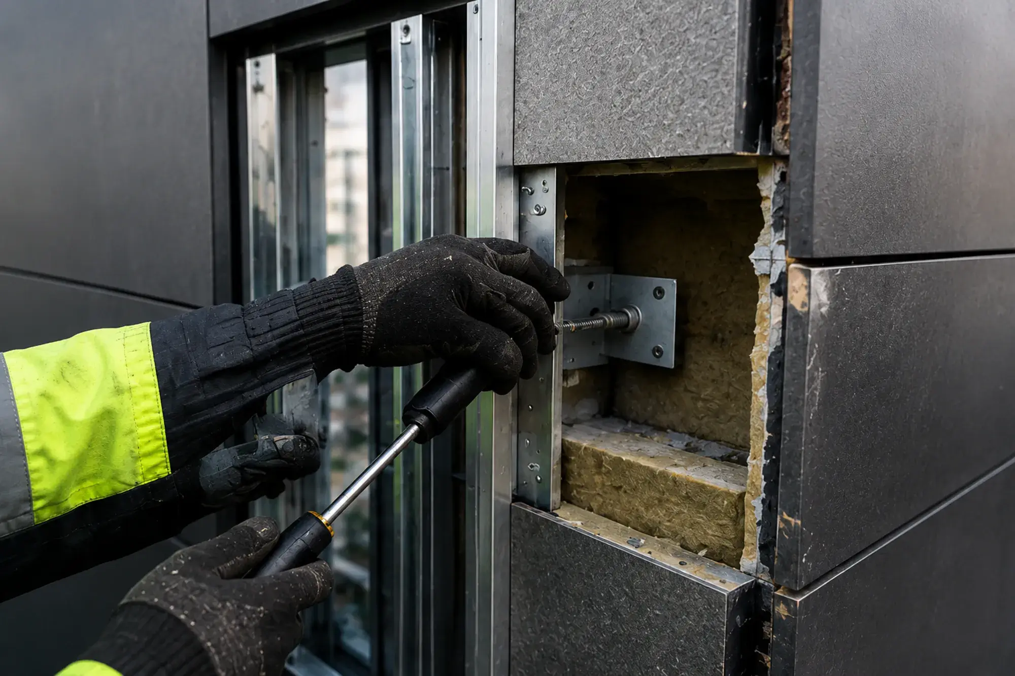 ukr-facades-intrusive-surveys-facade-investigations-2 Intrusive facade investigation exposing cladding support system and insulation