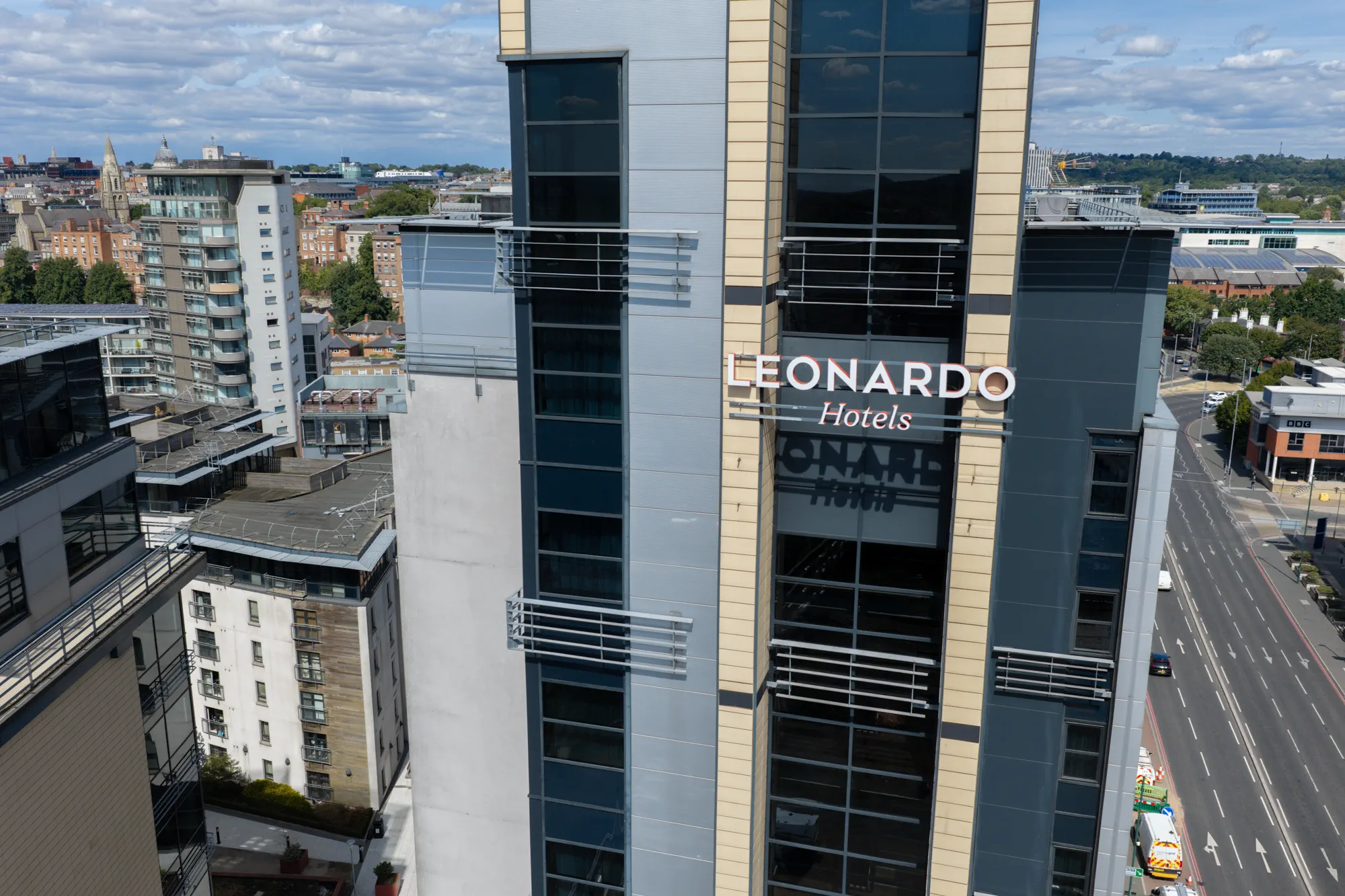 ukr-facades-leonardo-hotel-nottingham-project-aerial-12 Aerial view of the Leonardo Hotel Nottingham facade showing vertical cladding and glazed sections