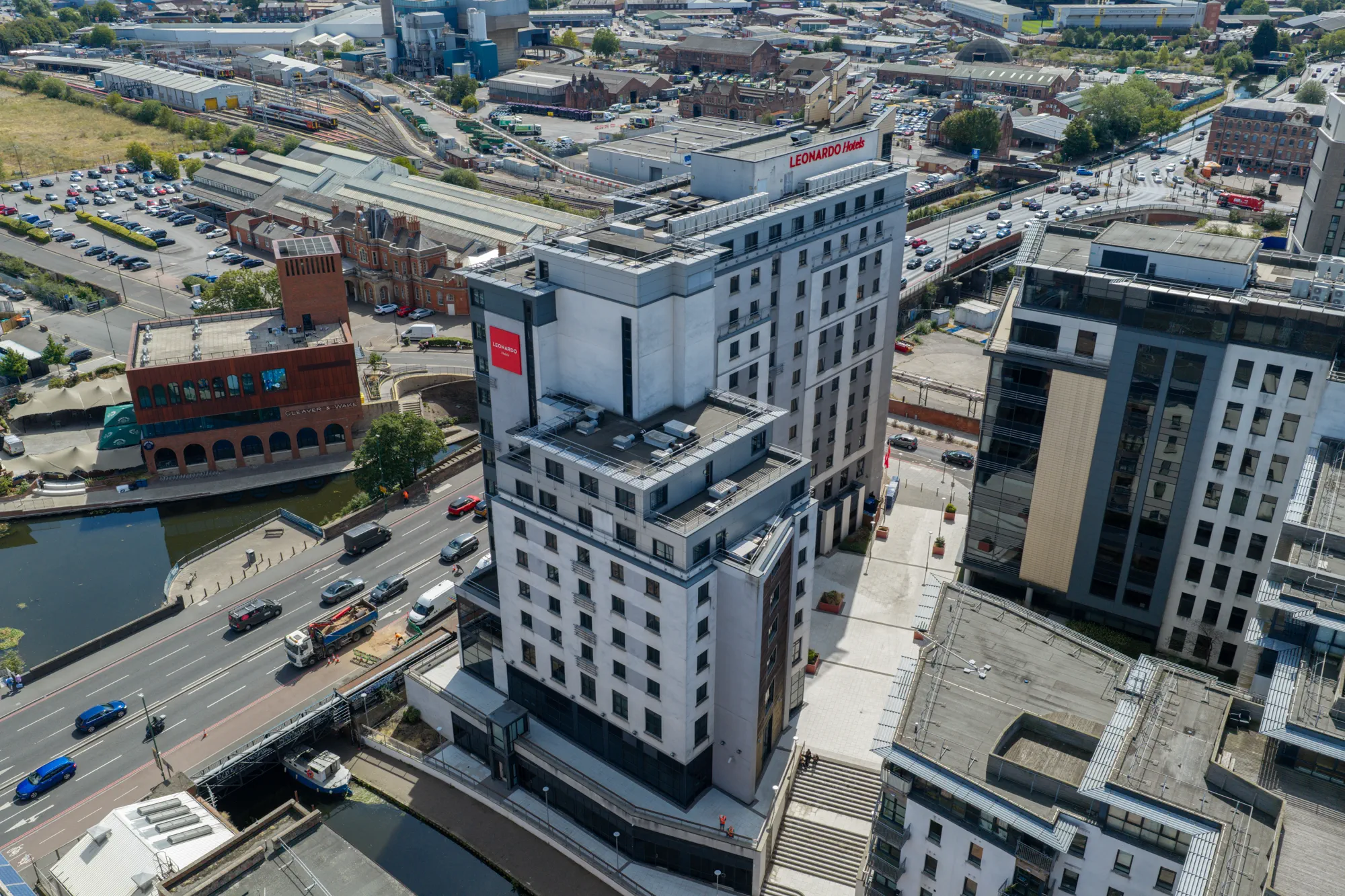 ukr-facades-leonardo-hotel-nottingham-project-aerial-2 Elevated aerial view of Leonardo Hotel and surrounding city development in Nottingham