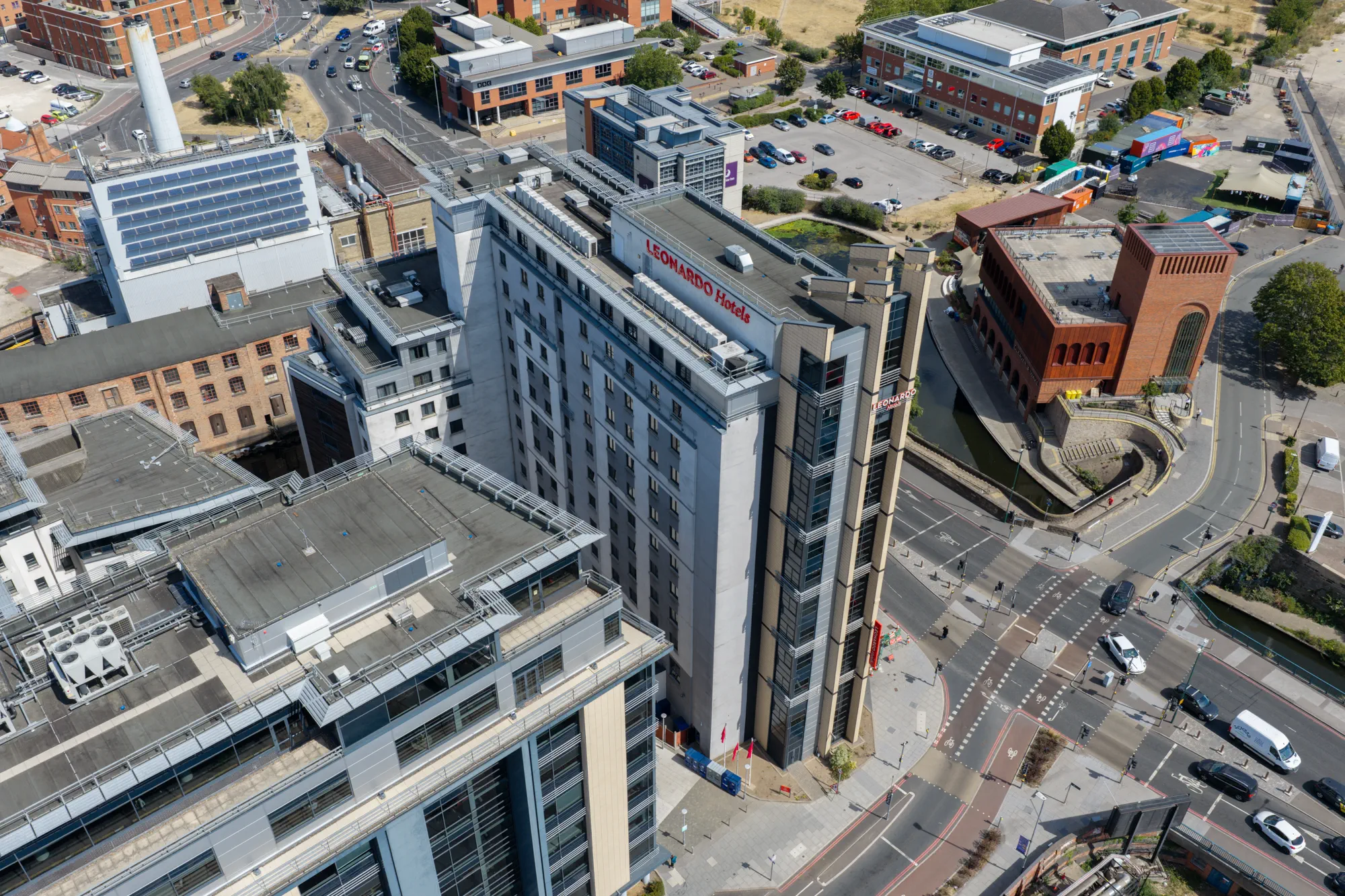 ukr-facades-leonardo-hotel-nottingham-project-aerial-3 Aerial view of Leonardo Hotel Nottingham showing the hotel facade and surrounding urban buildings