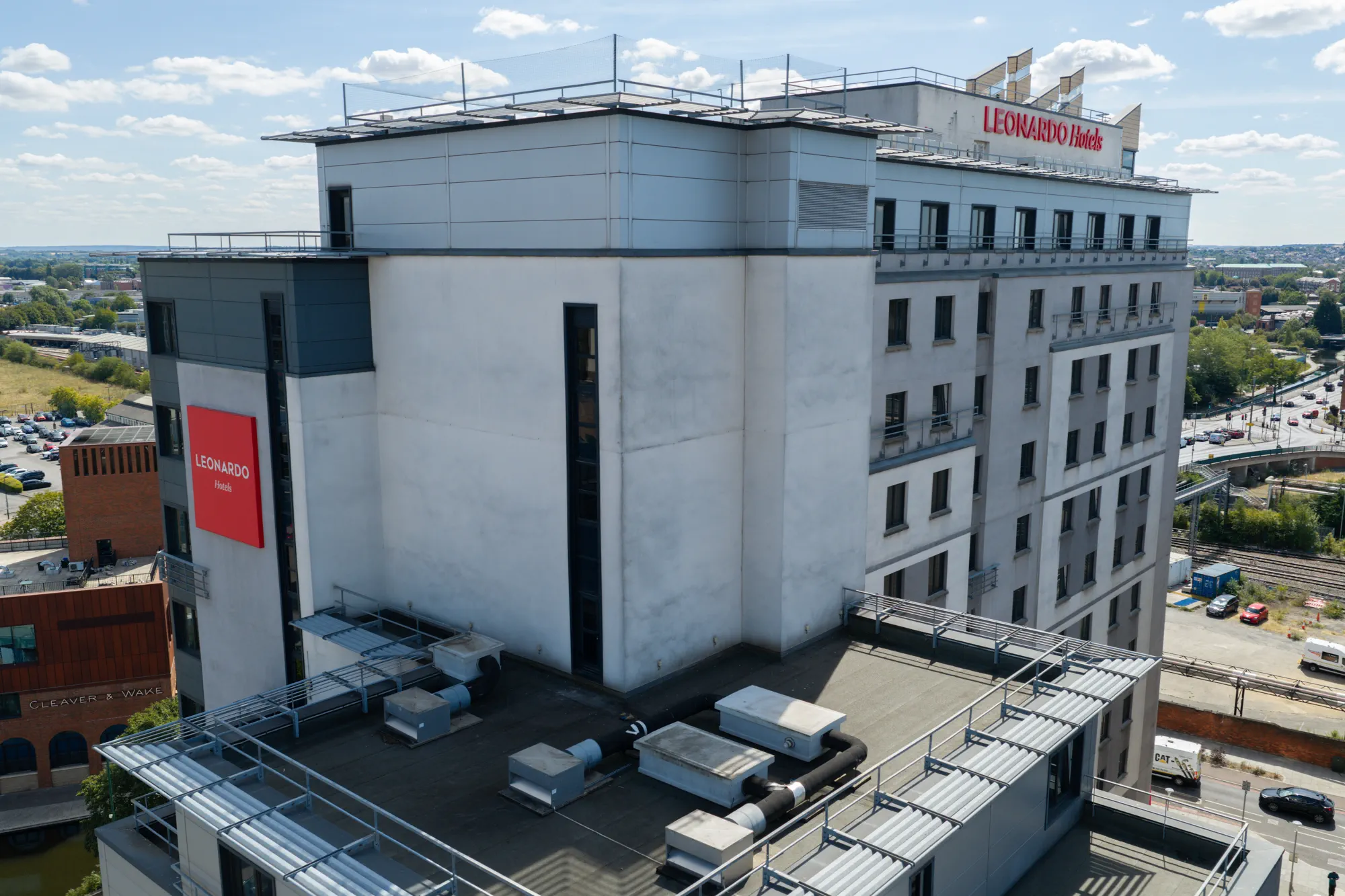 ukr-facades-leonardo-hotel-nottingham-project-aerial-6 Elevated view of Leonardo Hotel Nottingham showing the completed hotel facade and rooftop