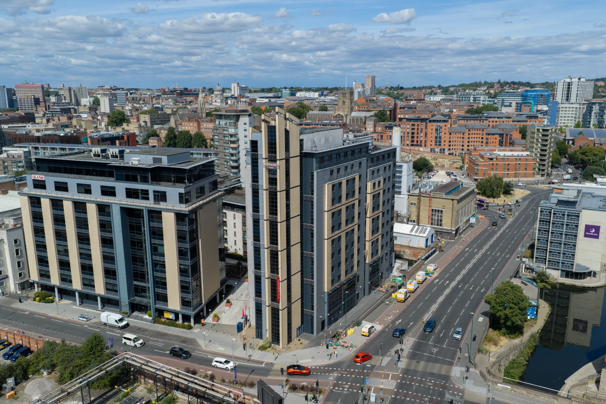 Wide aerial view of Leonardo Hotel Nottingham and the surrounding city centre development