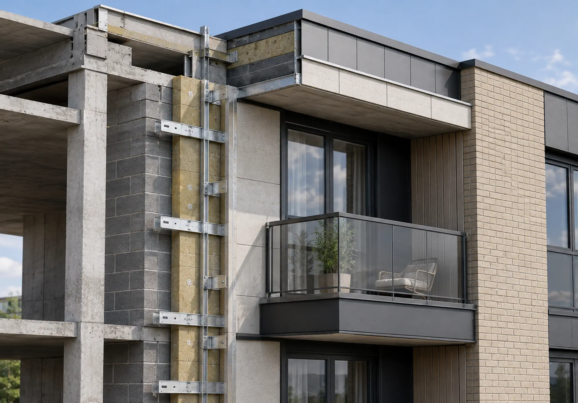 ukr-facades-new-build-facade-system-interface-detail New-build facade construction showing structural, glazing, balcony and cladding interfaces