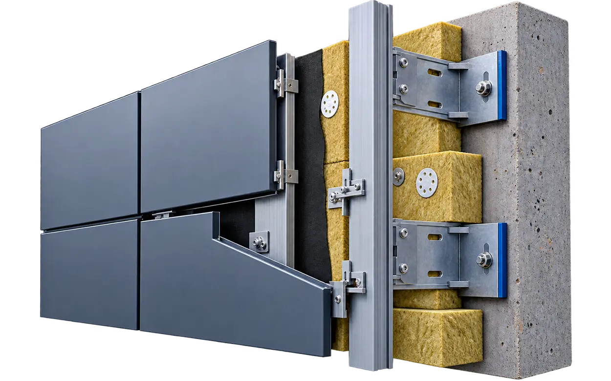 ukr-facades-rainscreen-cladding-system-construction-detail Rainscreen cladding system showing panels, rails, brackets and insulation