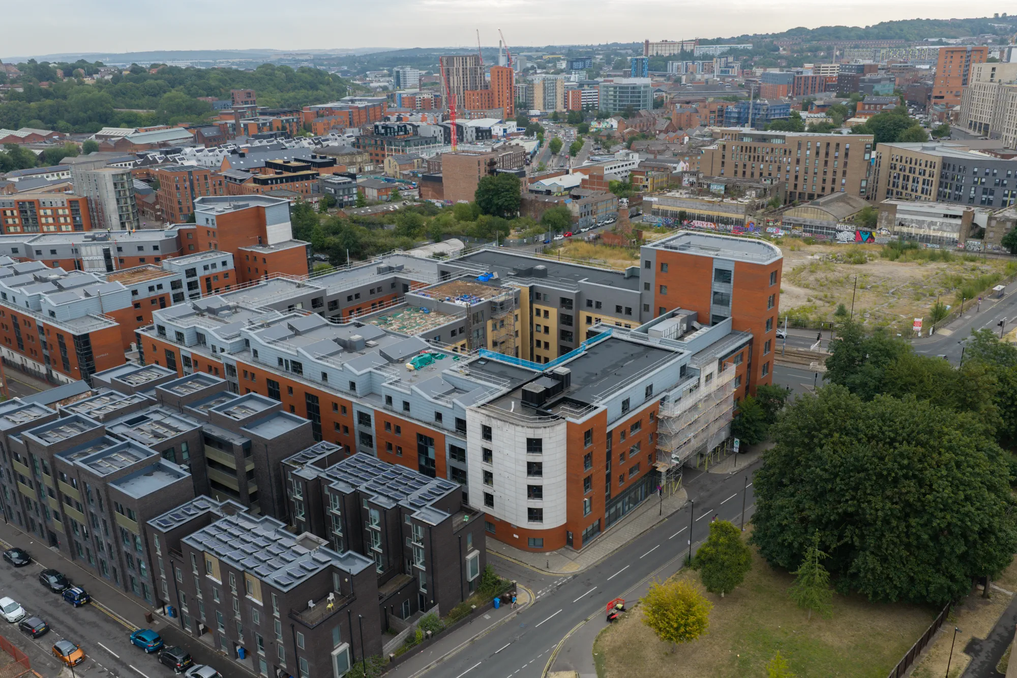 ukr-facades-sheffield-3-sheffield-project-aerial-13 Aerial view across the multi-building 80 Hoyle Street residential development in Sheffield