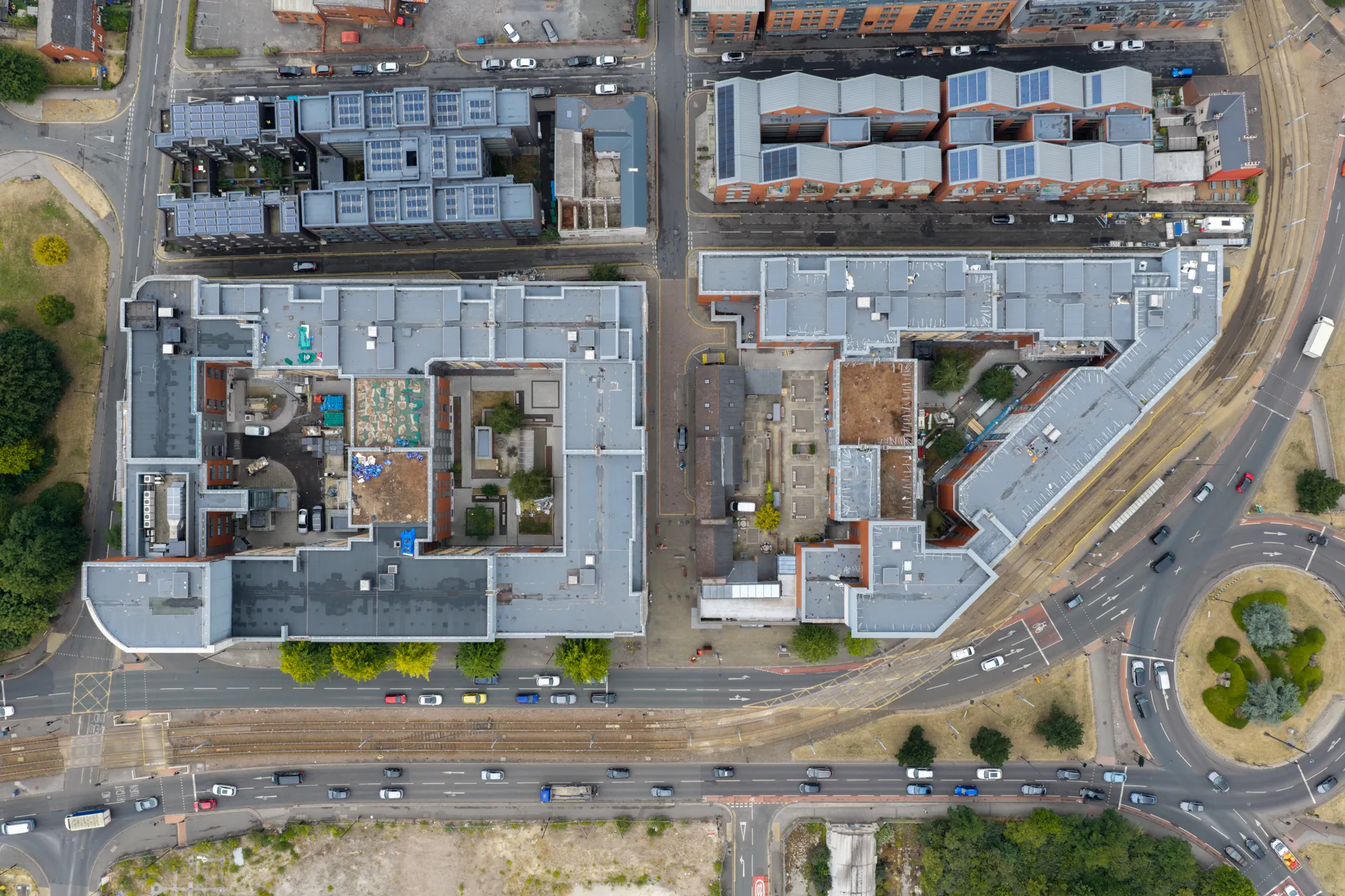 ukr-facades-sheffield-3-sheffield-project-aerial-7 Top-down aerial view of the multi-building 80 Hoyle Street residential development and facade works in Sheffield