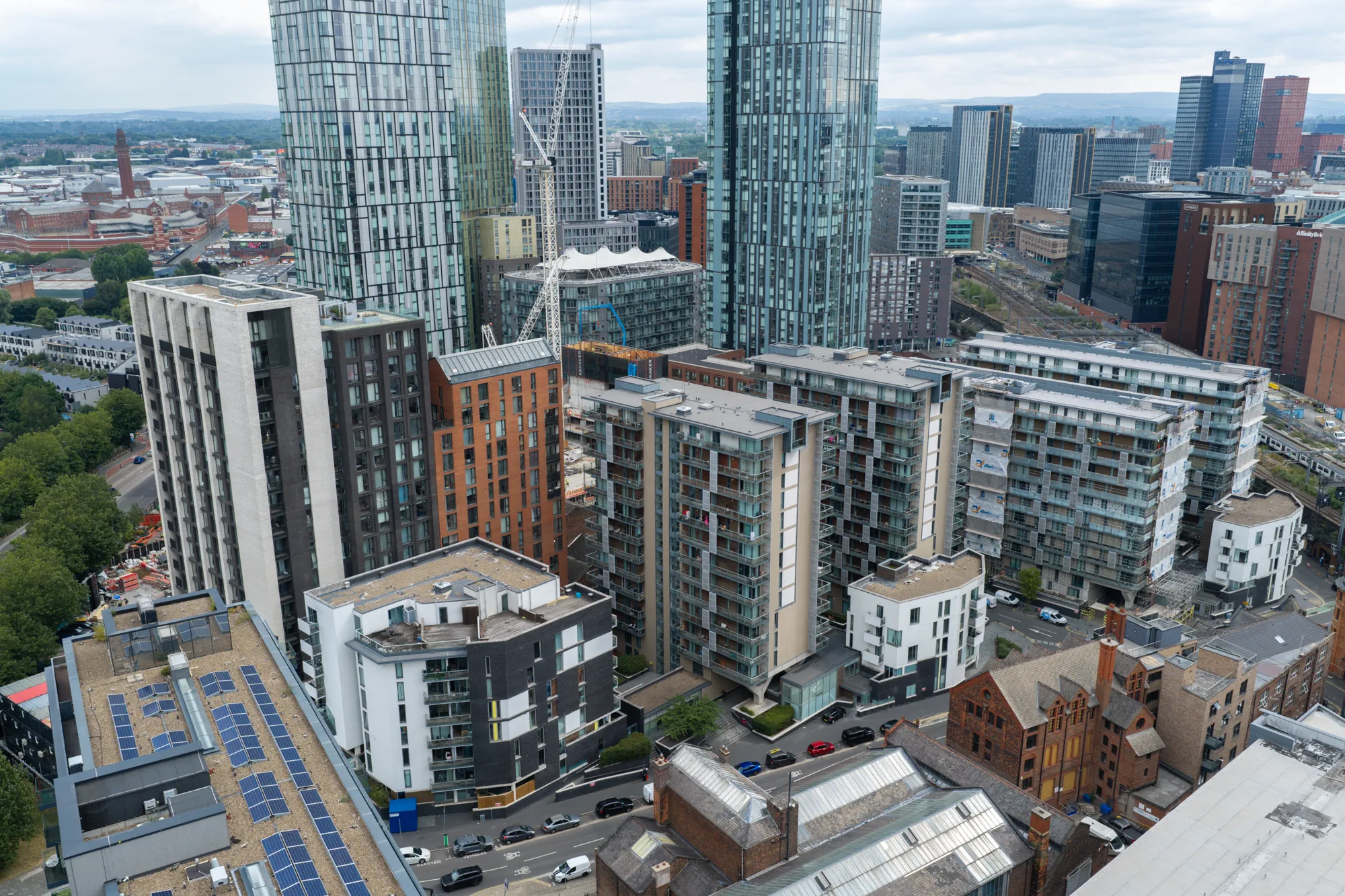 ukr-facades-spectrum-apartments-salford-project-aerial-1 Aerial view of Spectrum Apartments in Salford within the surrounding high-rise residential development