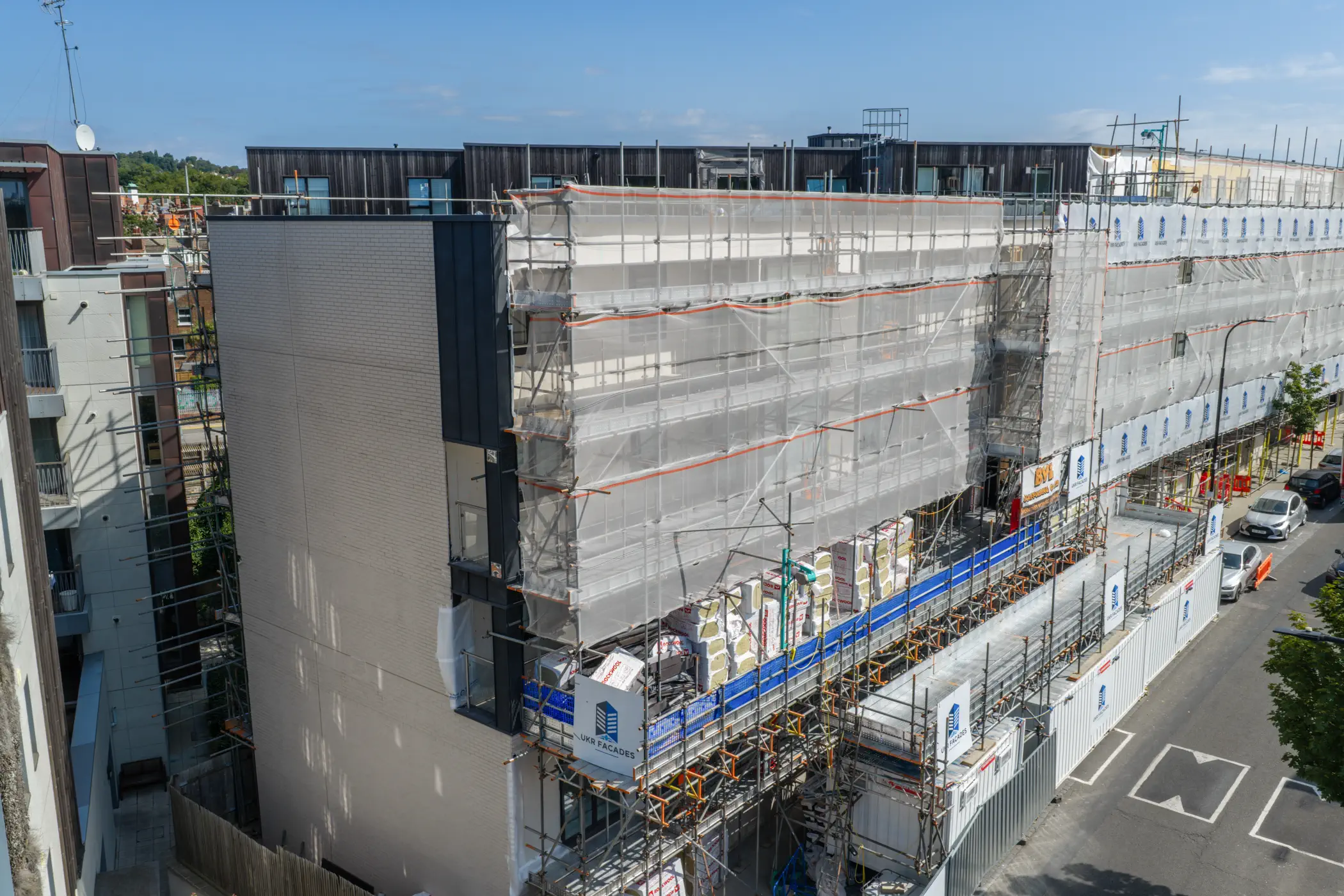 ukr-facades-the-central-london-project-aerial-2 Multi-storey external elevation undergoing facade works at The Central residential development in London