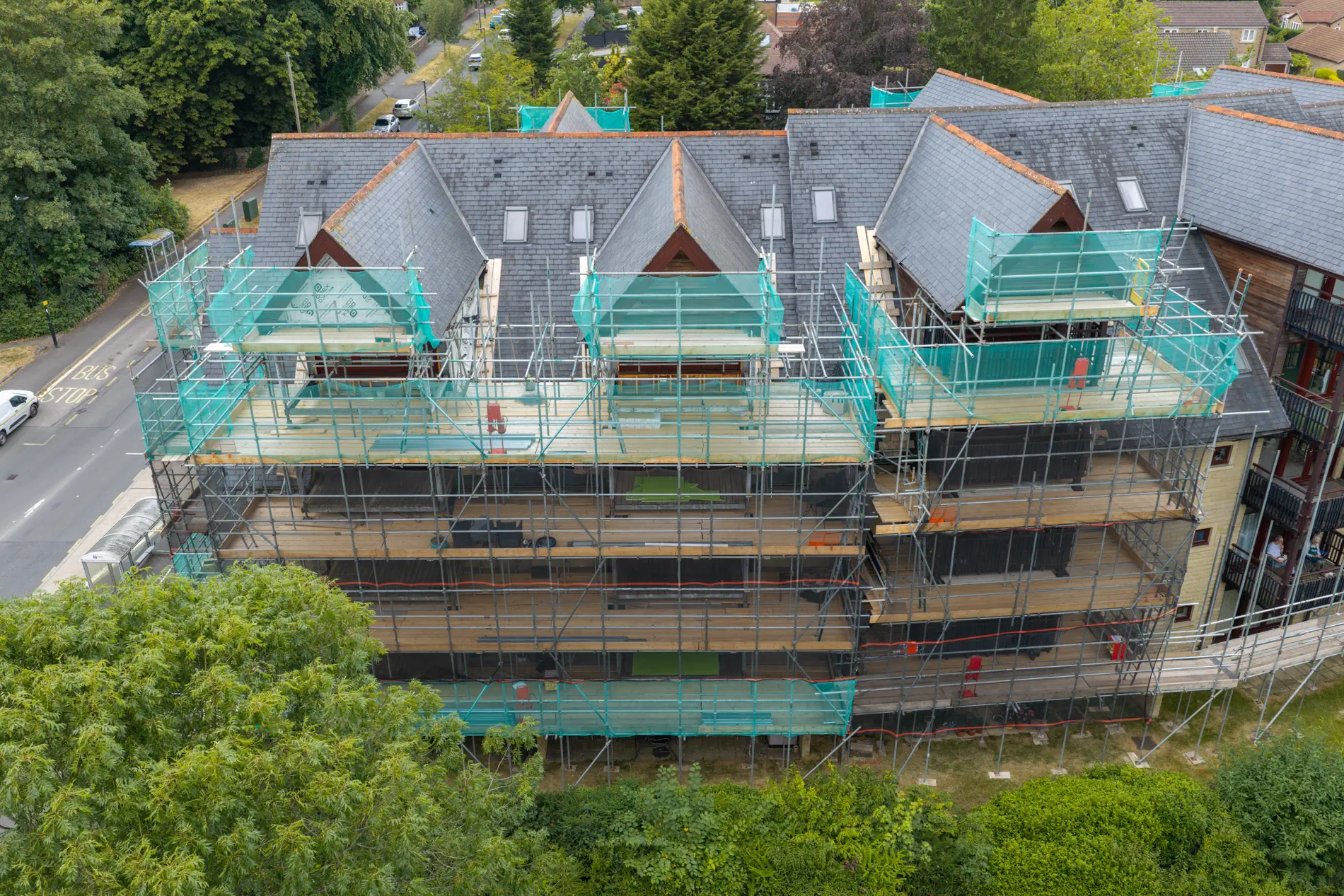 Aerial view of extensive scaffolding across the residential elevation at Weetwood Gardens in Sheffield