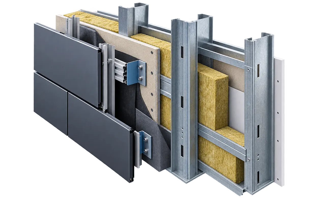 new-build-sfs-supporting-systems-facade-cutaway SFS steel framing and supporting systems within a new-build facade assembly