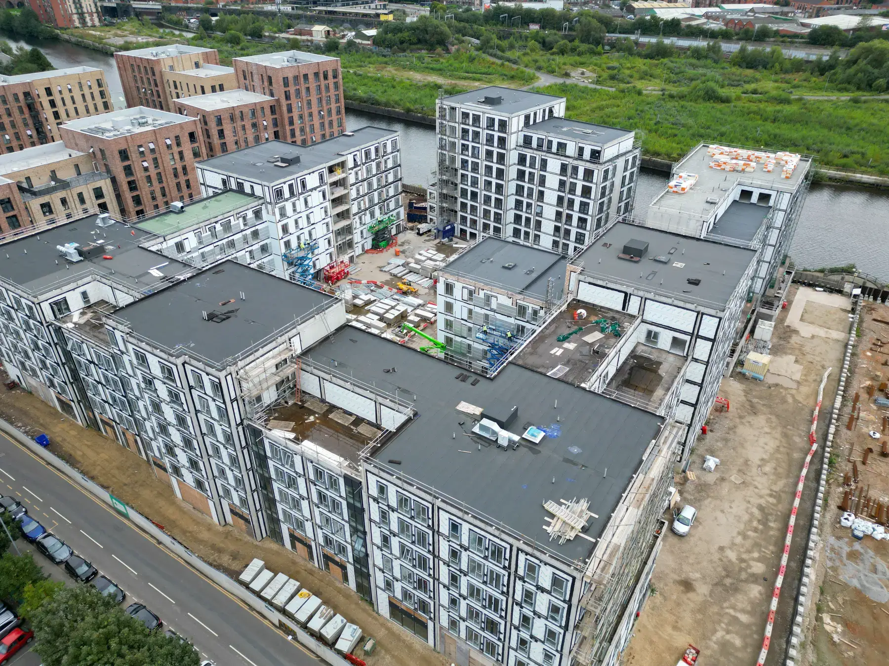 Aerial view of facade construction underway at Bridgewater Wharf in Salford