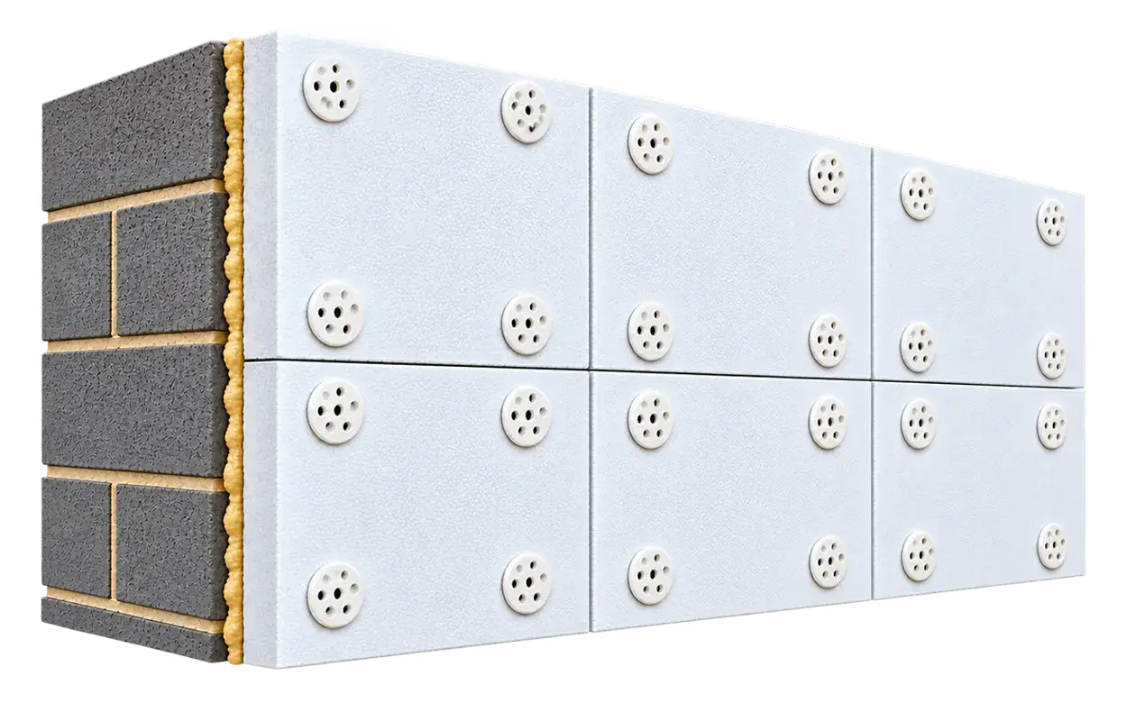ukr-facades-external-wall-insulation-ewi-system-build-up-no-render External wall insulation EWI system showing insulation, fixings, reinforcement and render