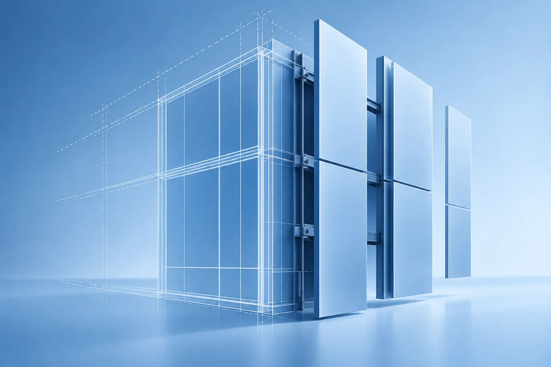 Facade design and development graphic showing technical facade drawings progressing into a coordinated panel system